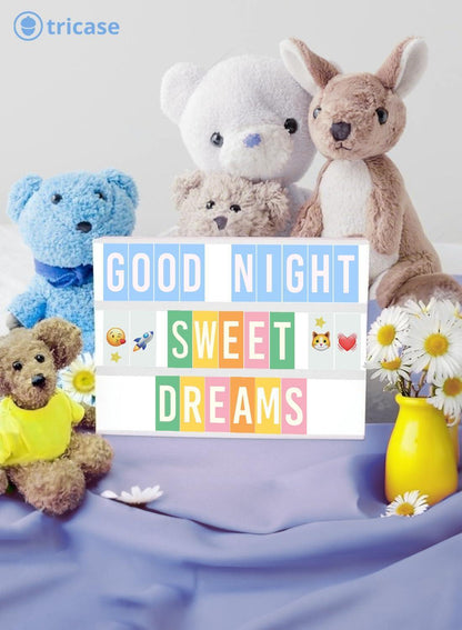 White LED light box showing “GOOD NIGHT SWEET DREAMS” with stuffed animals
