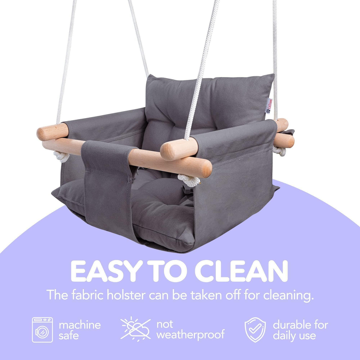 Dark gray canvas baby hanging swing chair with wooden dowels and hanging cords
