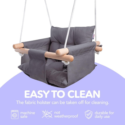 Dark gray canvas baby hanging swing chair with wooden dowels and hanging cords