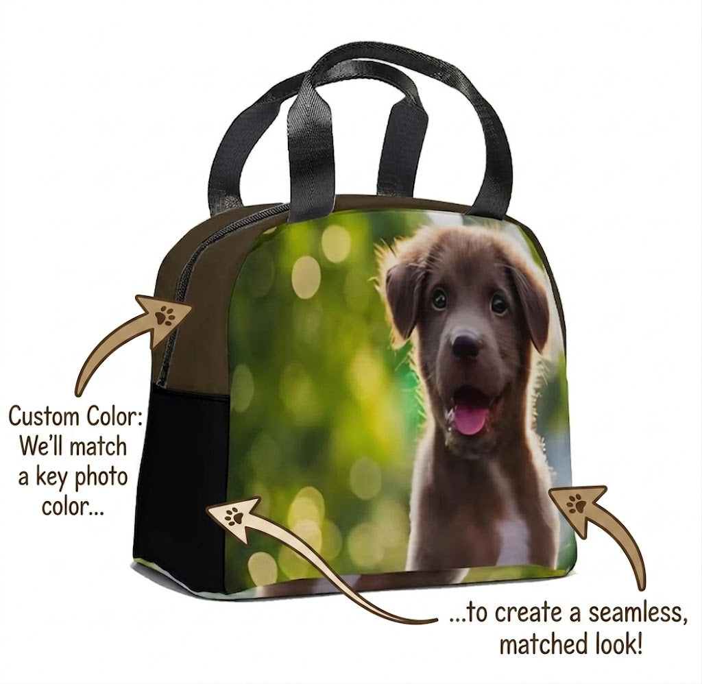 Insulated lunch tote bag with printed dog photo and black handles.