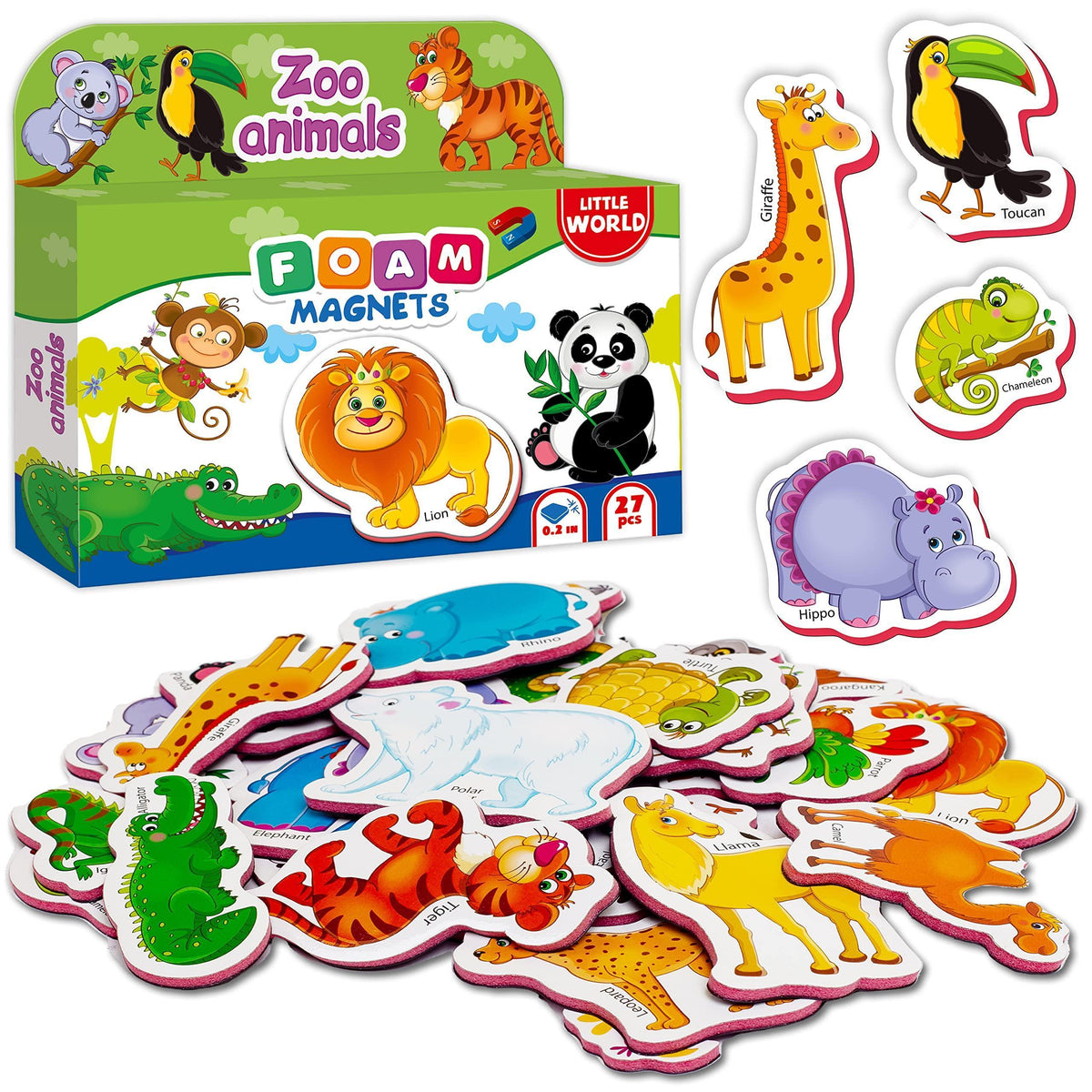 Zoo animal foam fridge magnets set with 27 colorful animal cutout magnets and box