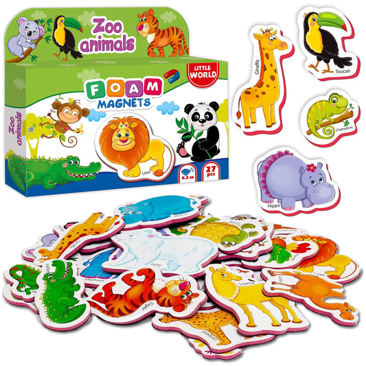 Zoo animal foam fridge magnets set with 27 colorful animal cutout magnets and box