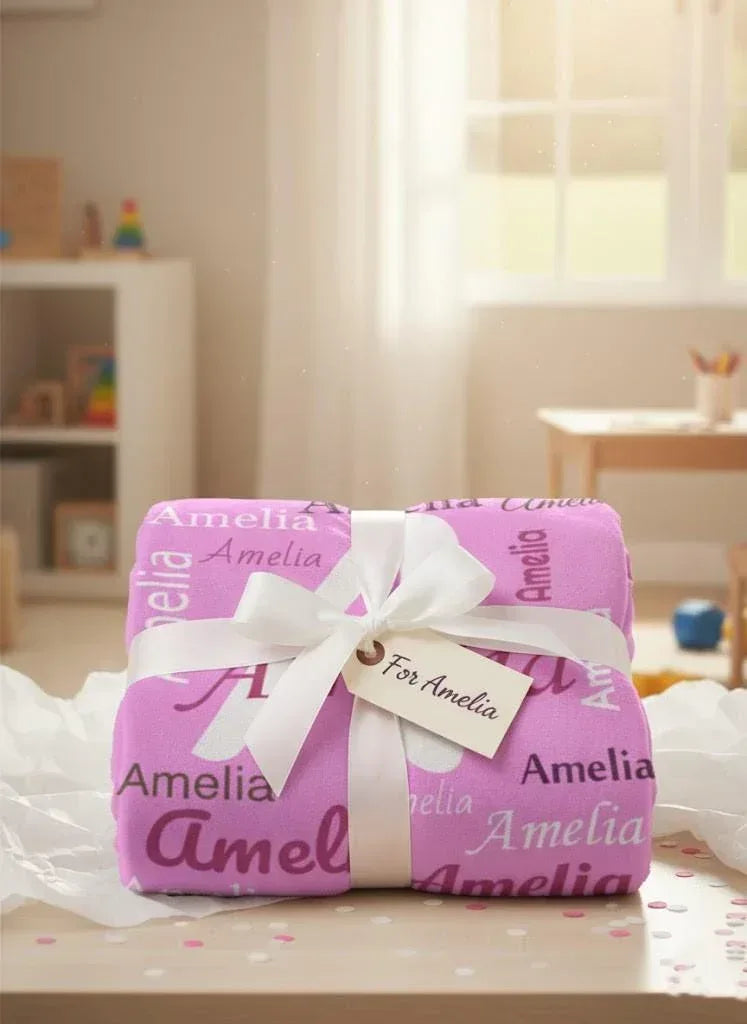 Your Letter and Name - Personalized Name Blanket: Pink & White Flannel Fleece Throw - Dream Dragons