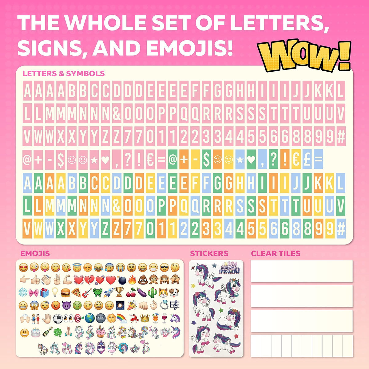 Letter, symbol, and emoji tile sheets with sticker sheet and clear tile grid