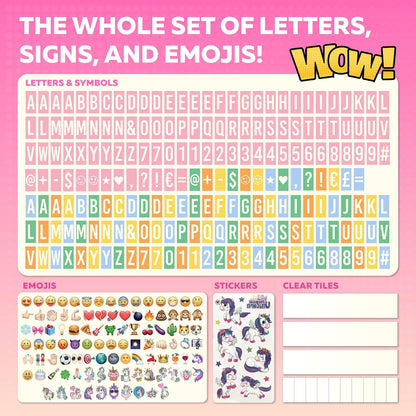 Letter, symbol, and emoji tile sheets with sticker sheet and clear tile grid