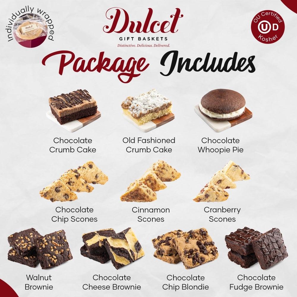 Pastry gift package assortment: crumb cake, whoopie pie, scones, cookies, and brownies