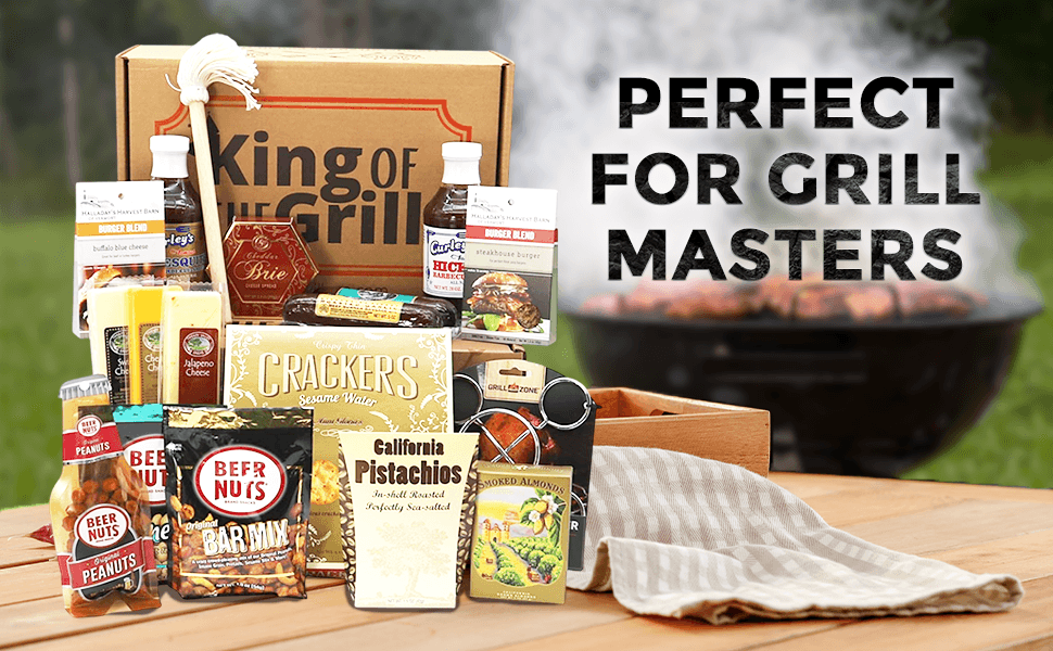 King of the Grill gift box with crackers, pistachios, nuts, and sauces on tray