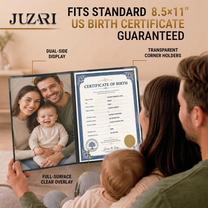 Black 8.5x11 birth certificate holder with gold seal and clear corner holders