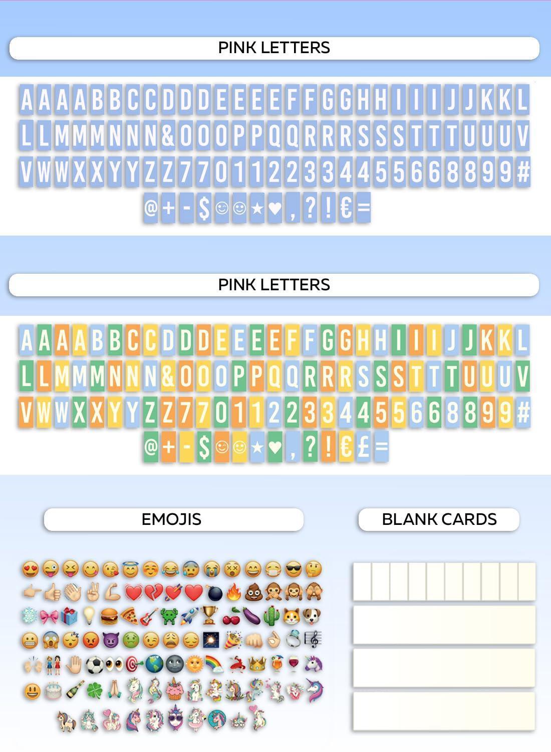 Pink letter and emoji sticker sheets plus blank cards for the light box