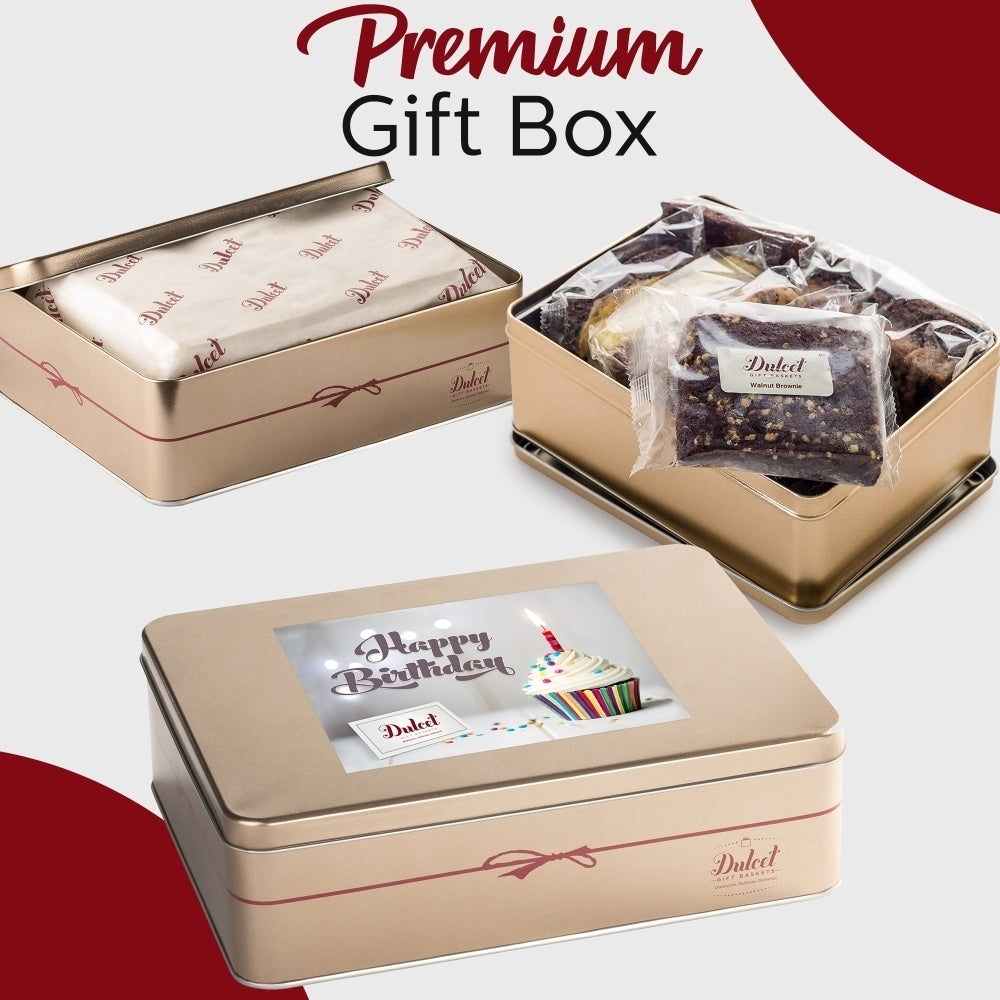 Premium Gift Box set with tin, wrapped brownie, and birthday-themed card