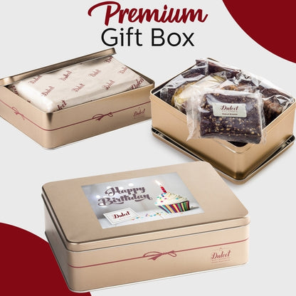 Premium Gift Box set with tin, wrapped brownie, and birthday-themed card