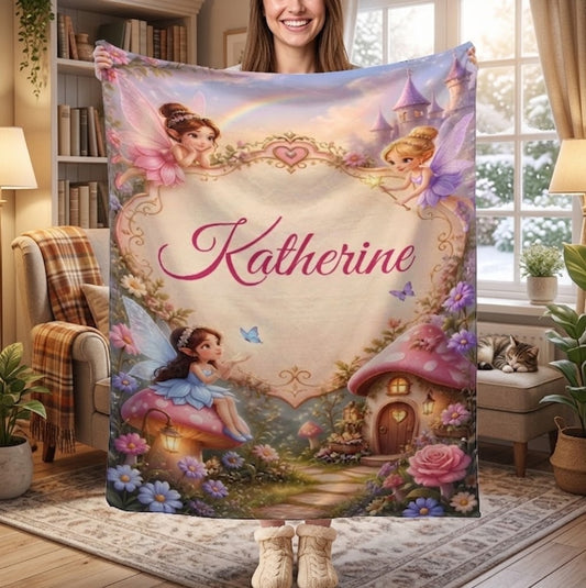 Personalized kids fleece blanket with “Katherine” script, fairy cottage, roses, and flowers
