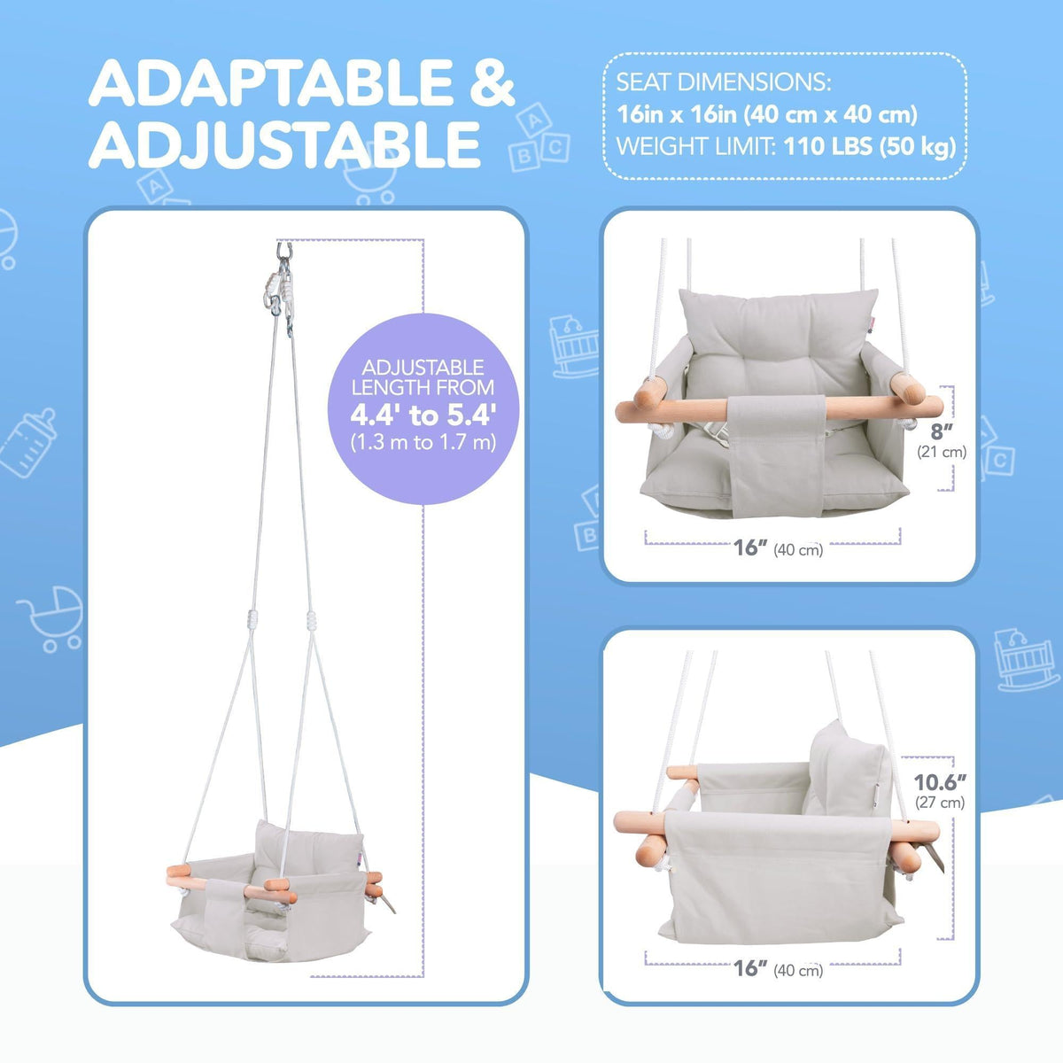 Gray canvas baby hanging swing seat with adjustable straps and wooden support bars