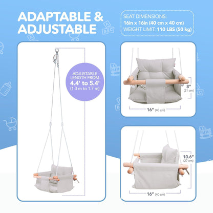 Gray canvas baby hanging swing seat with adjustable straps and wooden support bars