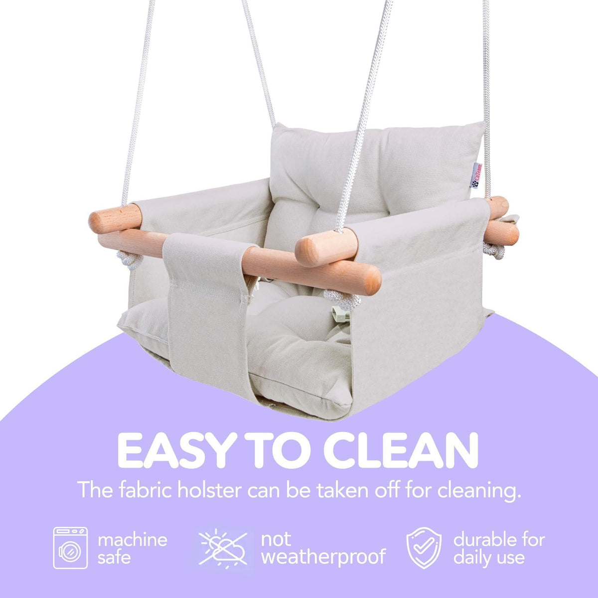 Gray canvas baby hanging swing seat with padded cushions and two wooden dowel arms