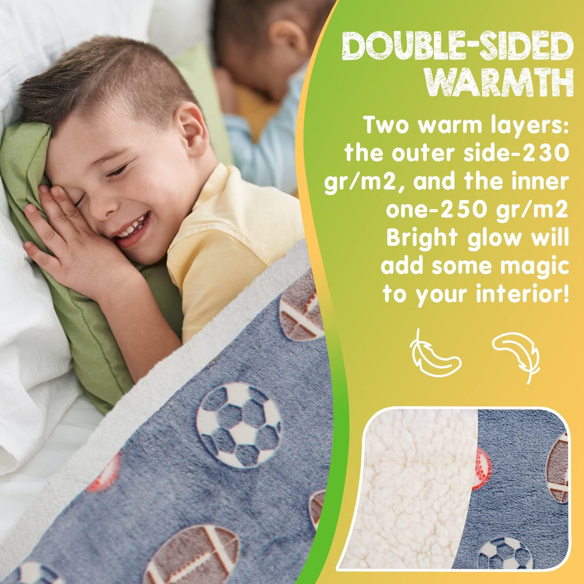 Gray sports blanket with soccer and football prints, tucked around a child