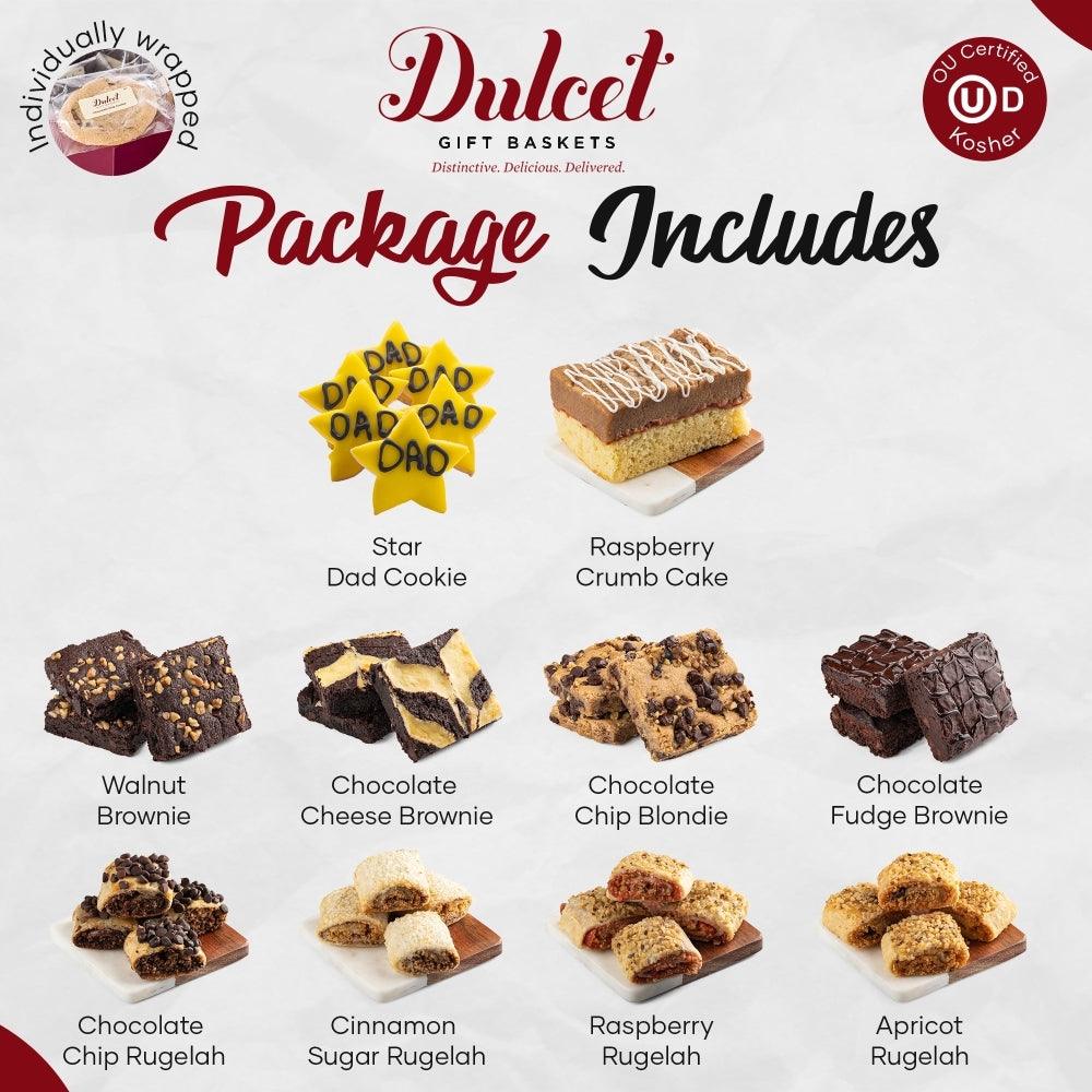 Gift basket assortment photo: star dad cookie, brownies, chip blondie, and rugelah
