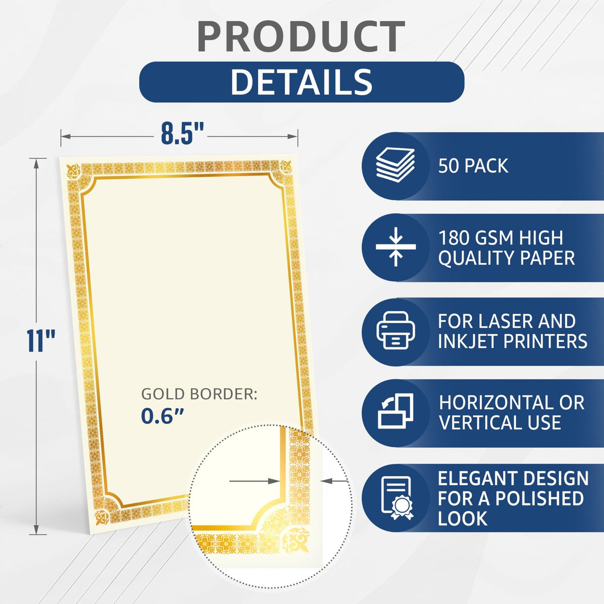 Gold border certificate paper, 8.5 x 11 size, 180 GSM quality spec panel