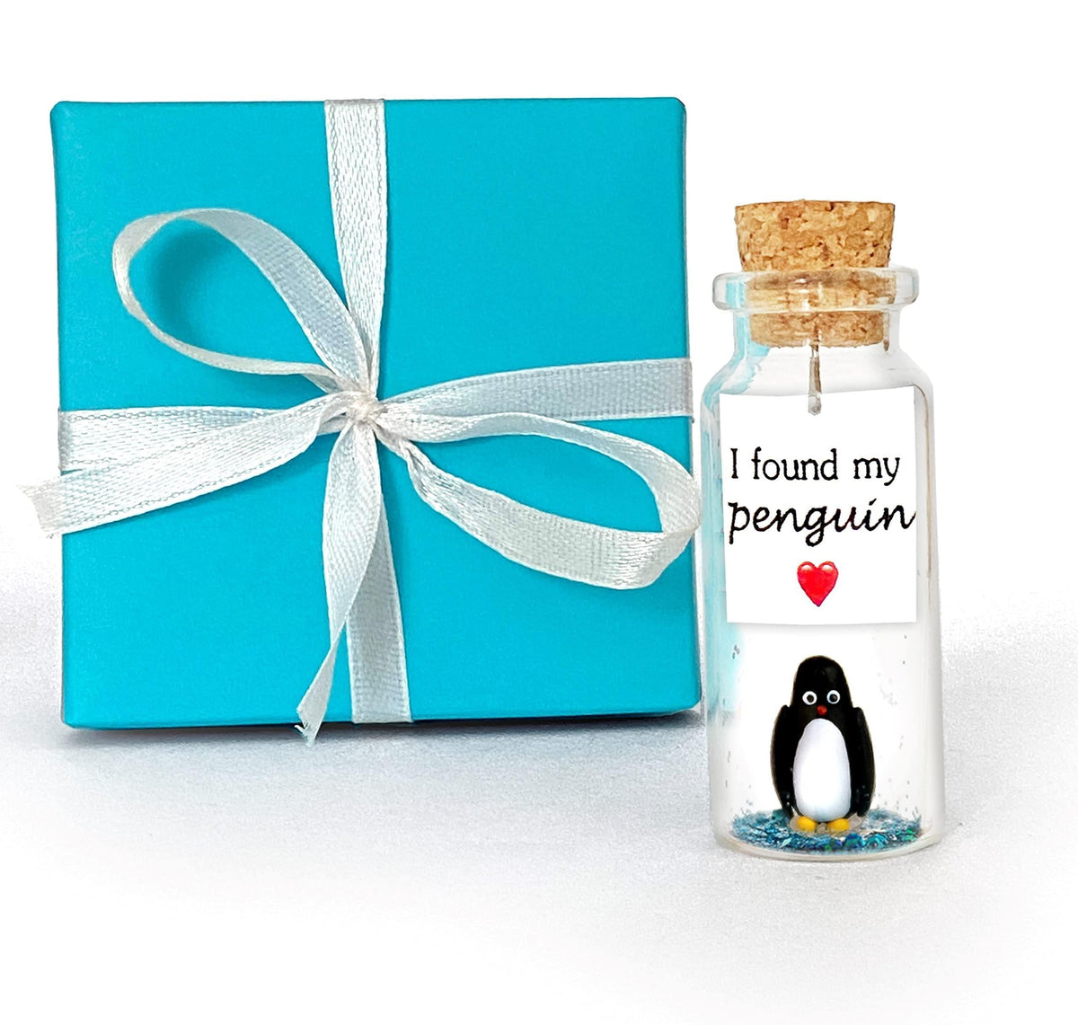 Miniature penguin message-in-bottle keepsake with note and cork, in blue gift box