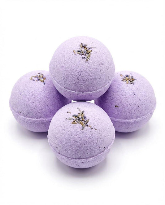 Lavender bath bomb gift set with four round spa bombs and dried flower topping