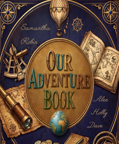 Close-up of navy adventure notebook cover with globe and family name text