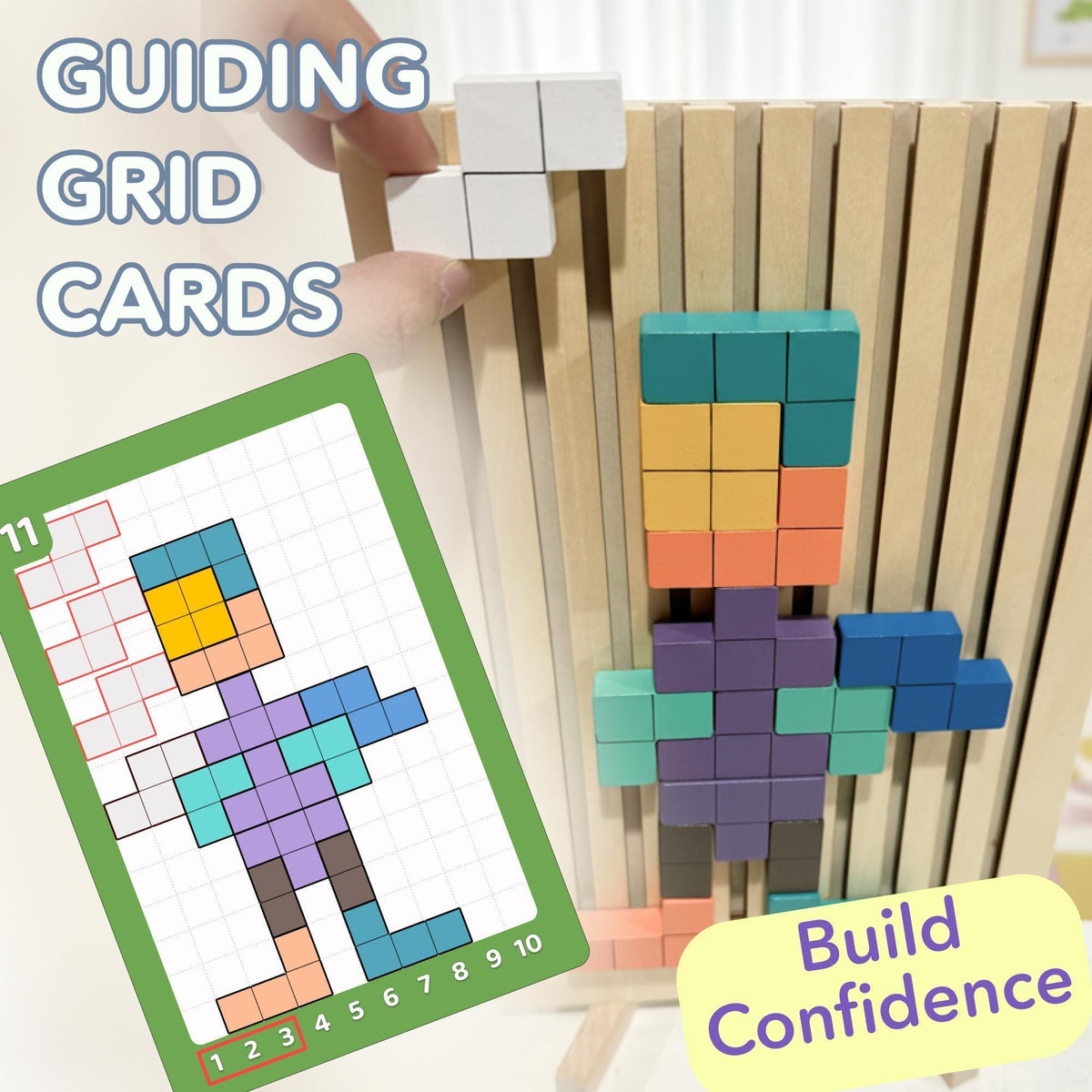 Wooden puzzle block board with multicolor tower and included grid cards.
