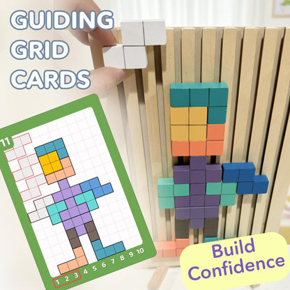 Wooden puzzle block board with multicolor tower and included grid cards.