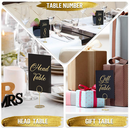 Assorted black table cards with gold foil numbers and “Head Table”/“Gift Table”
