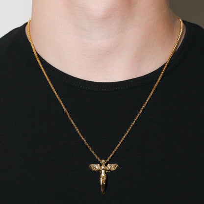 Gold rope chain necklace with guardian angel pendant, close-up detail