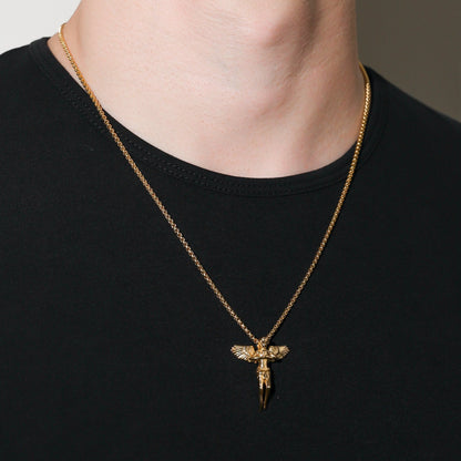 Gold rope chain necklace with guardian angel pendant, full view at neckline