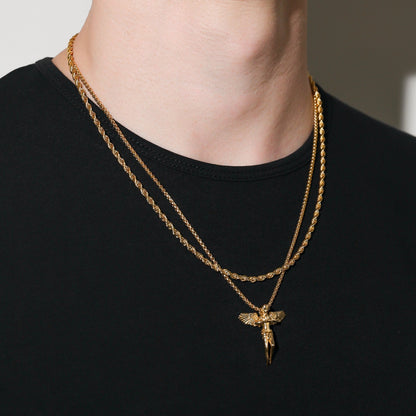 Gold rope chain necklace with guardian angel pendant on a medium-length chain