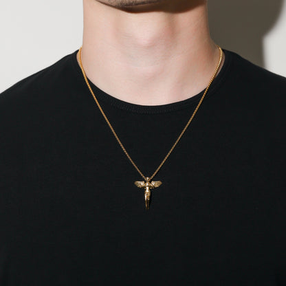 Gold rope chain necklace with guardian angel pendant, centered on the chest