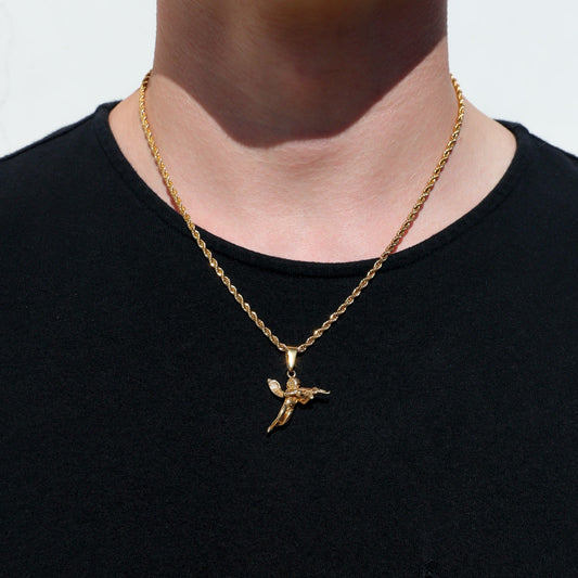 Gold rope chain necklace on neck with cupid and gun pendant charm