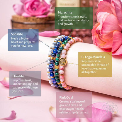 Stack of beaded bracelets with blue, green, and pink stones on display