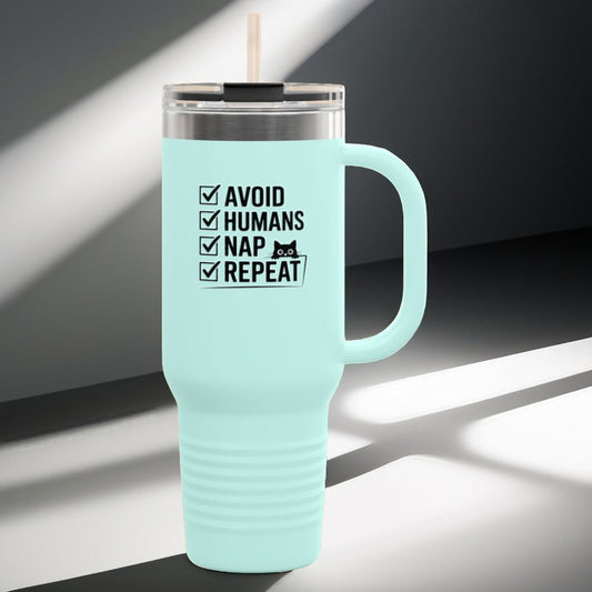 40oz insulated travel mug, mint teal front with 'AVOID HUMANS NAP REPEAT' checklist