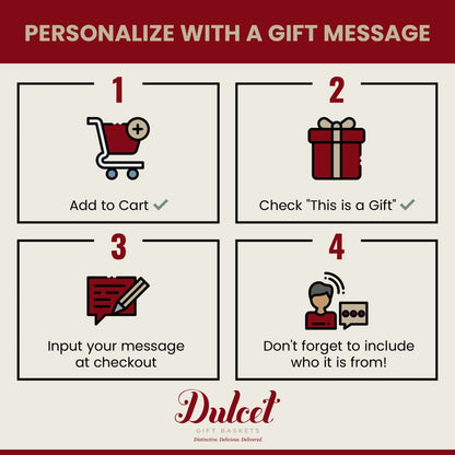 Gift message instructions card with Dulcet branding and gift icons