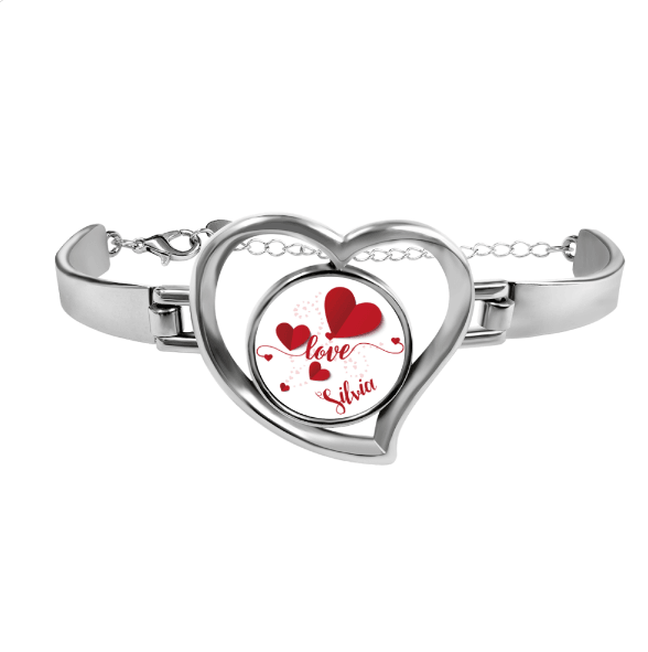 Silver-tone heart locket bracelet with red hearts and cursive name inside