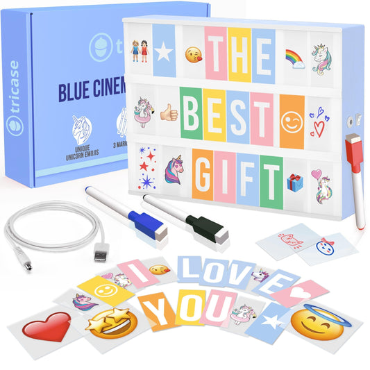 Blue Cinema Light Box with 312 Letters Emojis 3 Markers Led Board Decor for Girl