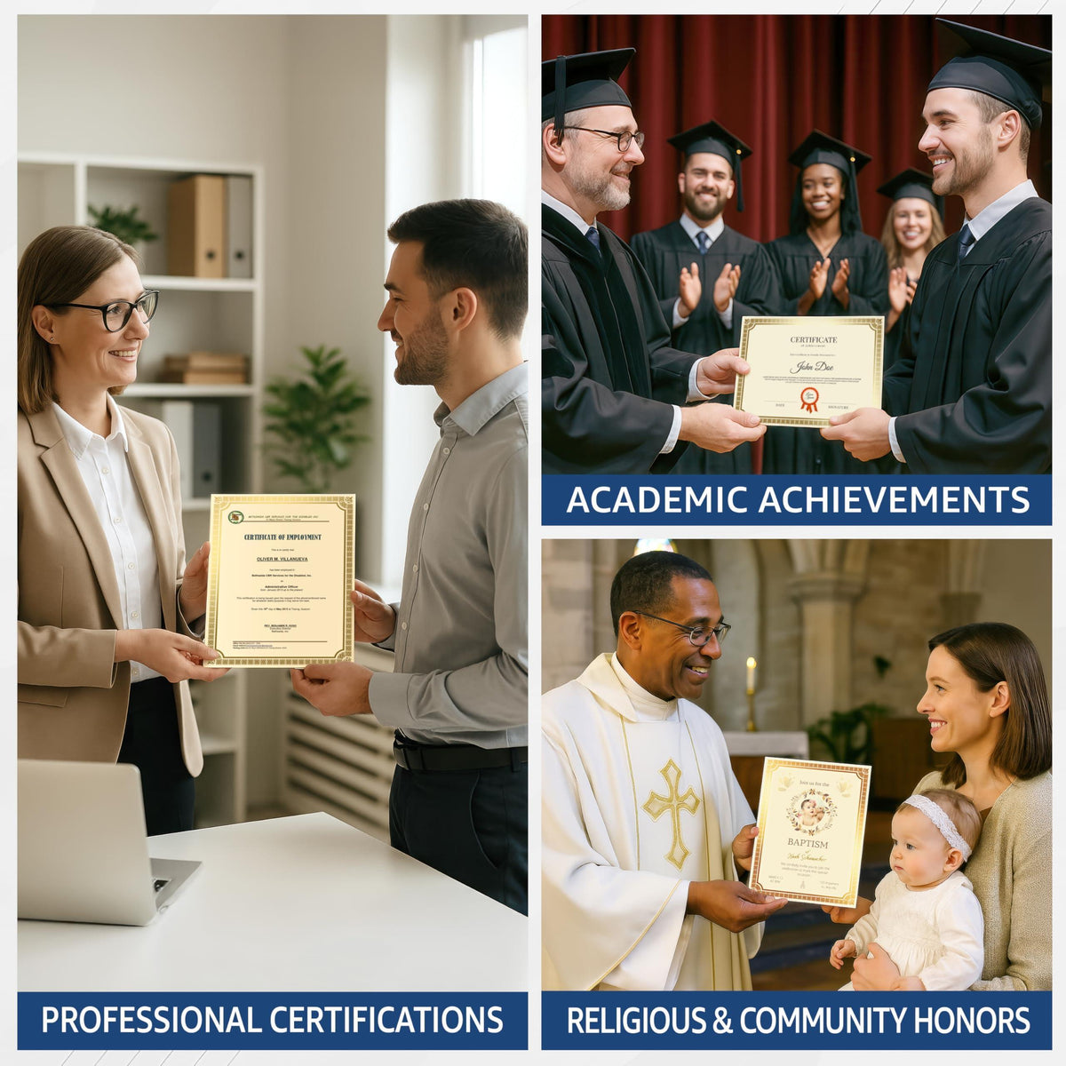 Gold-bordered certificate sheets presented for academic, professional, and community honors