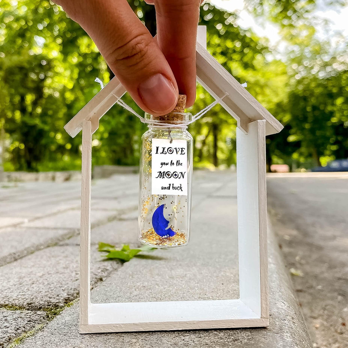Close-up glass message bottle inside house-shaped wooden frame with blue moon text