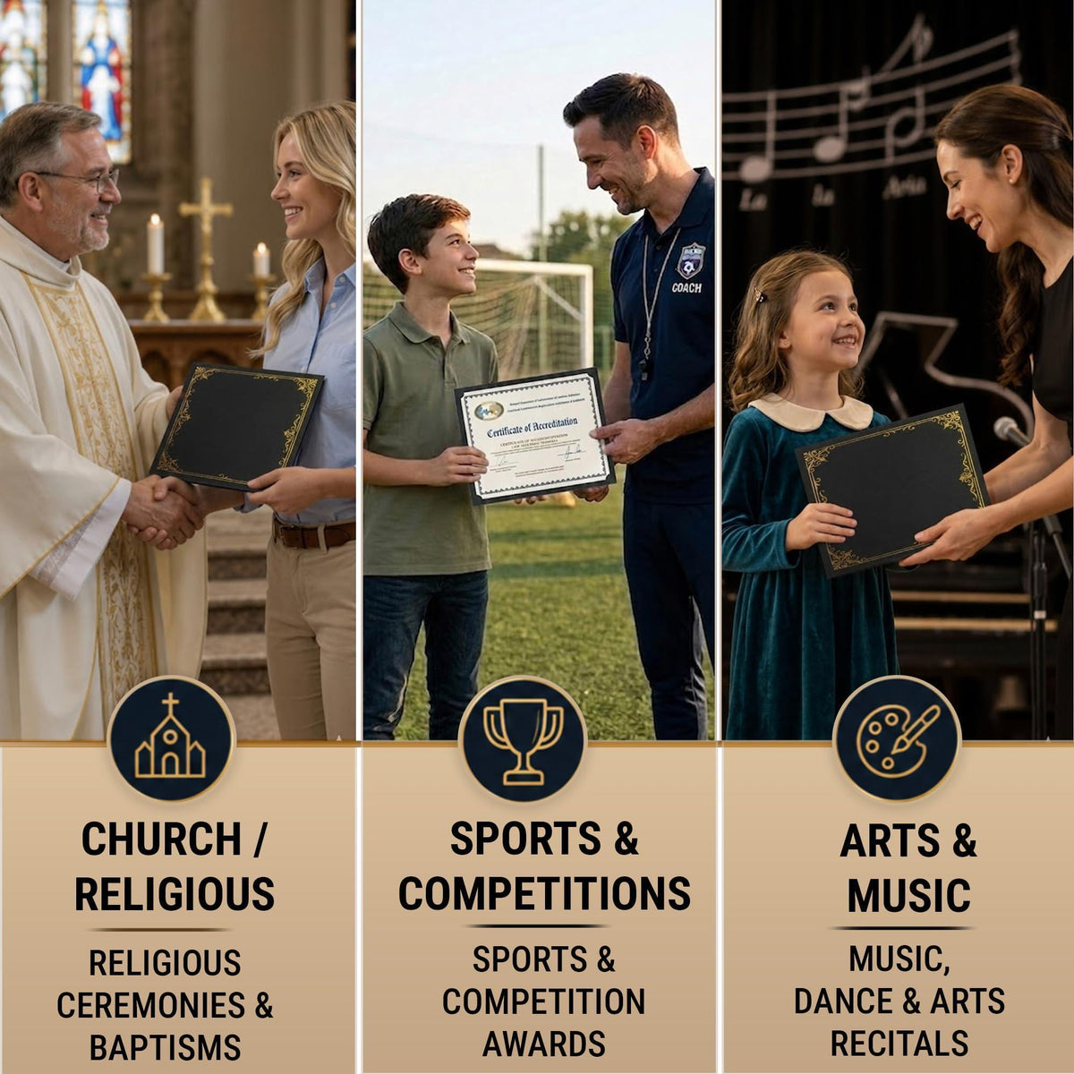 Black certificate holder with gold foil border for arts and music awards scenes