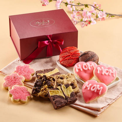 Mother’s Day sweet gift box with ribbon, cookies, brownies, and heart treats