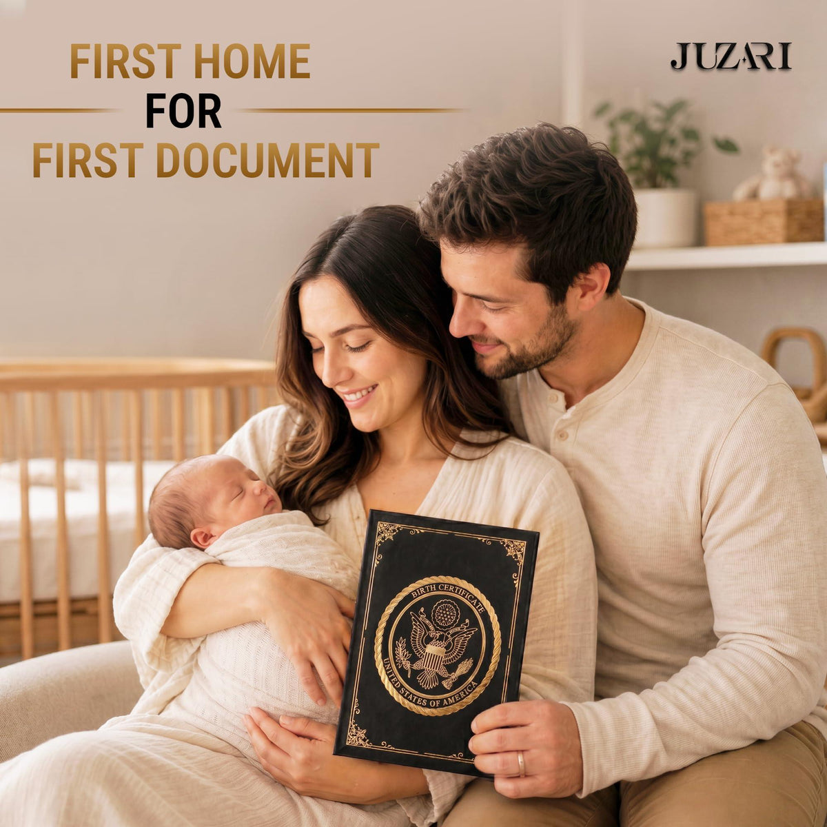 Black faux leather keepsake folder with gold seal, held by parents with baby