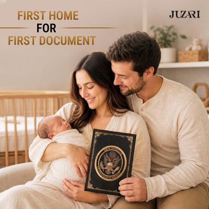 Black faux leather keepsake folder with gold seal, held by parents with baby
