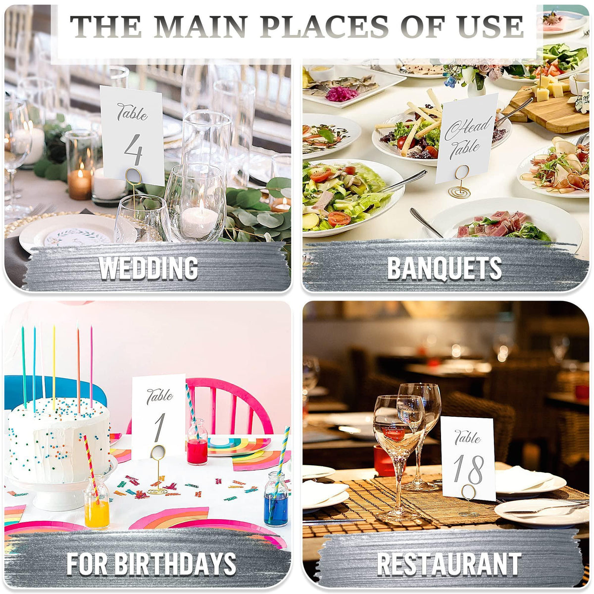 Gold foil table number signs, including 'Table 4' and 'Head Table'