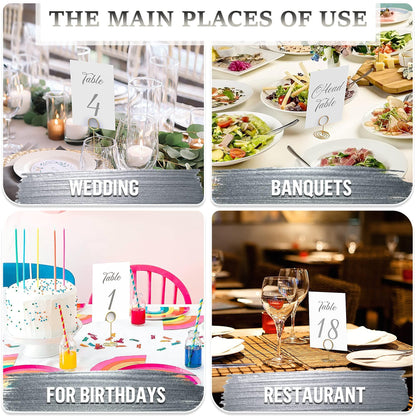 Gold foil table number signs, including 'Table 4' and 'Head Table'
