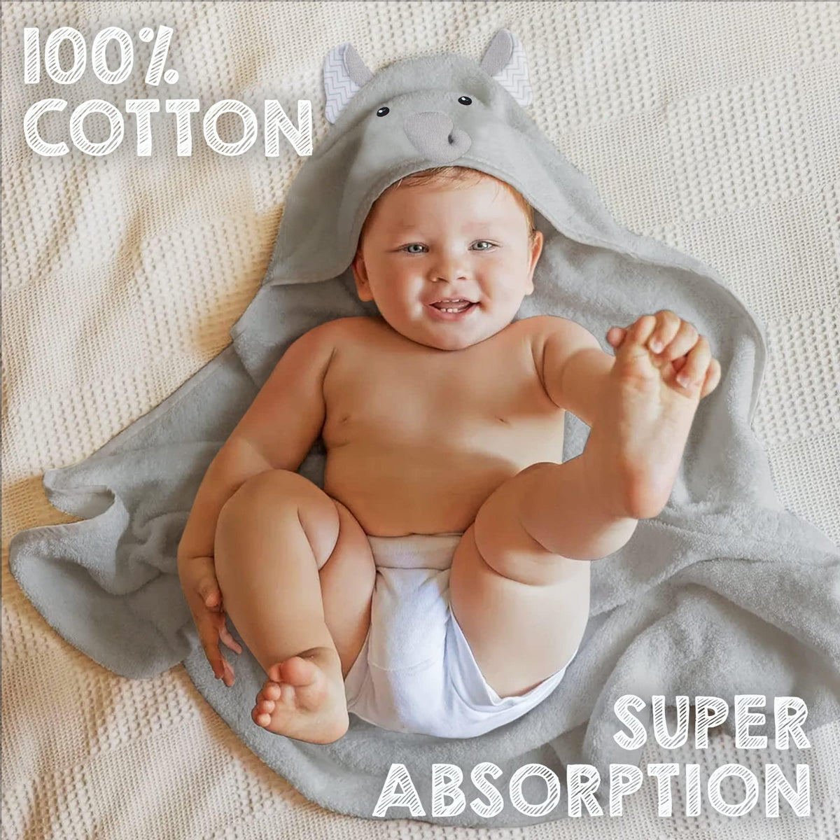 Gray hooded baby towel with bear ears and face, soft wrap for newborns