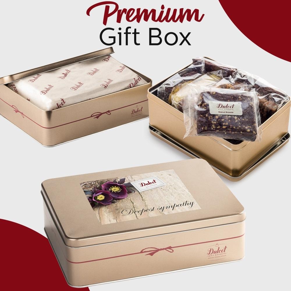 Deluxe Honey & Pastry gift tin with sympathy message card on lid