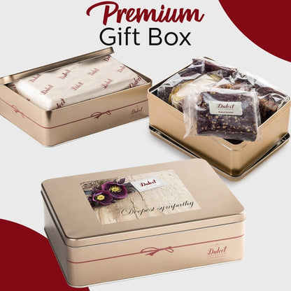 Deluxe Honey & Pastry gift tin with sympathy message card on lid