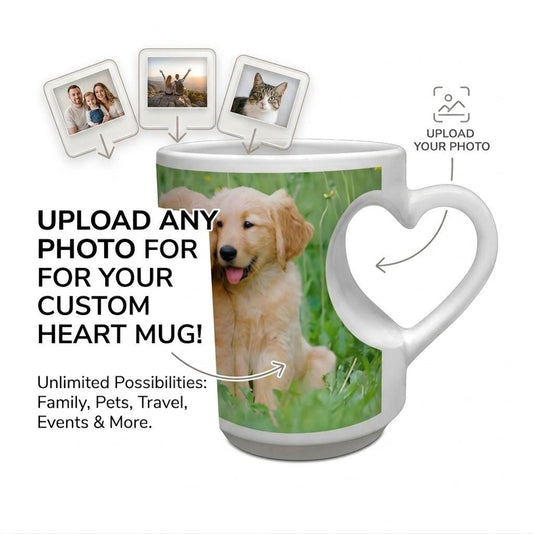 White ceramic mug with heart handle and custom photo print of a golden puppy